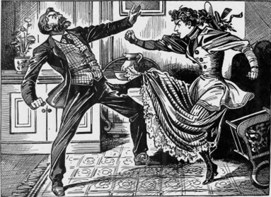 A Victorian lady in long skirts kicks her boot at a gentleman with a beard.