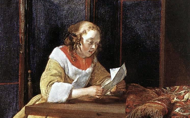 Baroque lady reading a letter at a table.