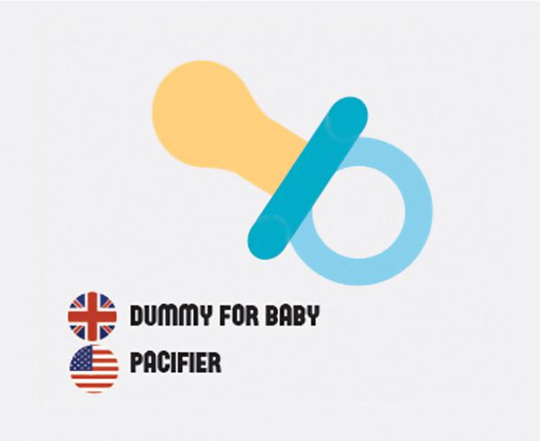 ClipArt picture of a dummy, with the UK name and the US name, pacifier