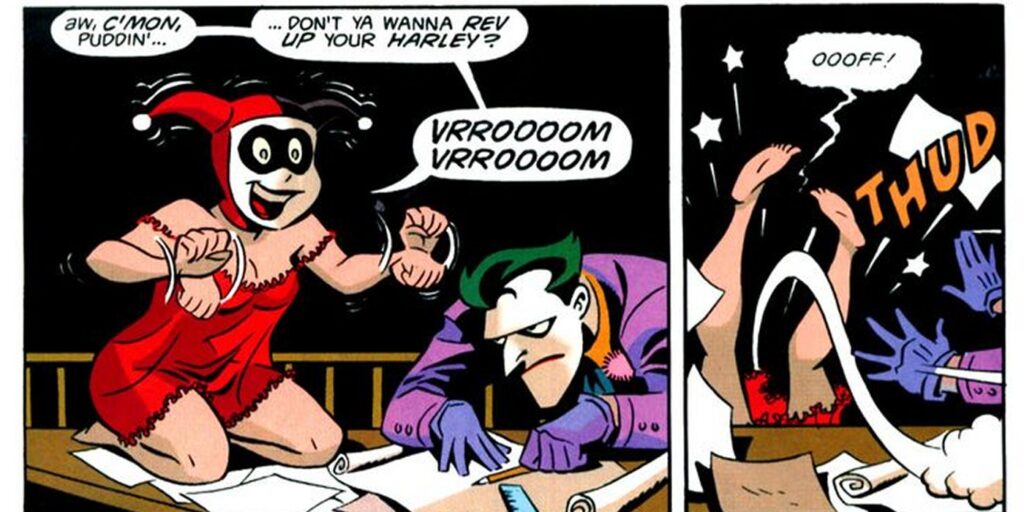 Joker and Harley from Batman. Harley tries to seduce Joker, who knocks her off the table onto the floor.