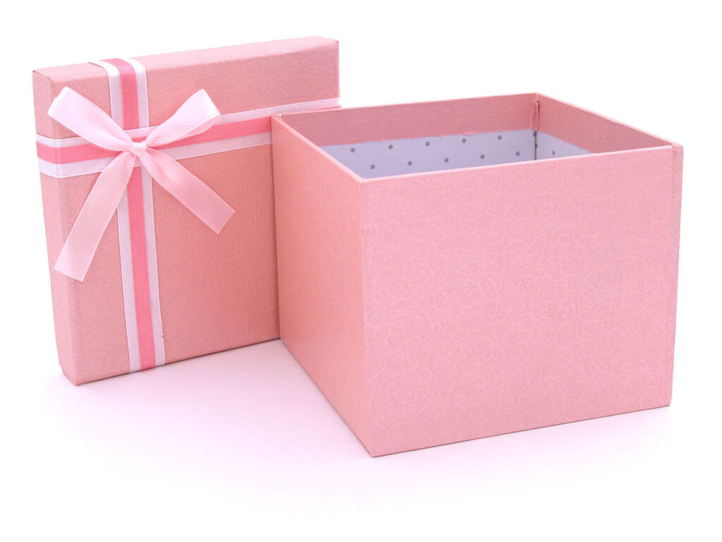 Pink gift box with ribbon.