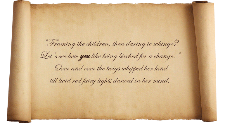 Text reads: "Framing the children, then daring to whinge? Let's see how you like being birched for a change." Over and over the twigs whipped her hind till livid red fairy lights flashed in her mind. The poor little Krämpchen went scarlet and cried at the crisscrossing marks on her sore little hide. She pouted and mumbled, "I'm sorry, sincerely. 'Twere only high-jinks, but I've paid very dearly."