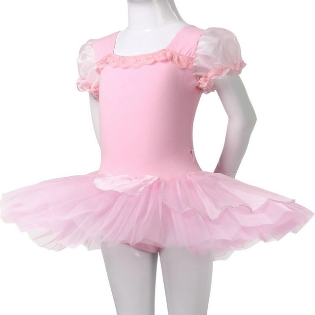 A dummy wearing a pink tutu with puffed cap sleeves.