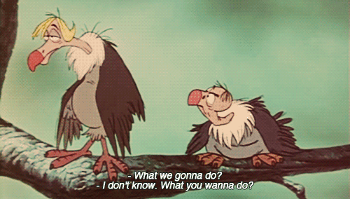 Two vultures form Disney's The Jungle Book. One asks "What we gonna do?" The other flaps and say " I don't know. What you wanna do?"