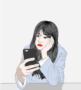 Artwork of a bored woman looking wearily at her smartphone