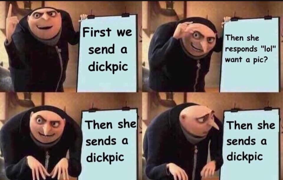 Gru from Despicable Me, showing a board reading "First we send a dickpic. Then she responds "lol - want a pic?" Then she sends a dickpic. Gru then realises the flaw in his plan and looks sadly at the board.