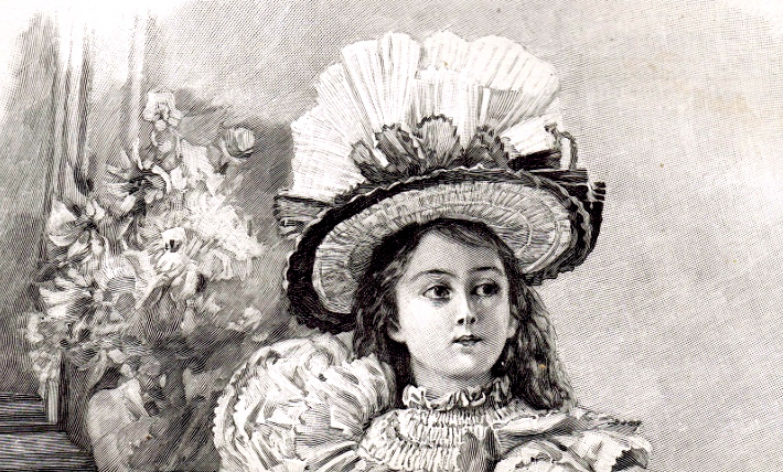 Shoulders-up image of young Victorian woman in a hat, looking sulky.