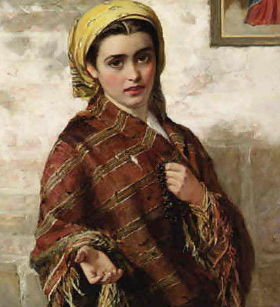 A wary-looking peasant girl in a shawl and cap.