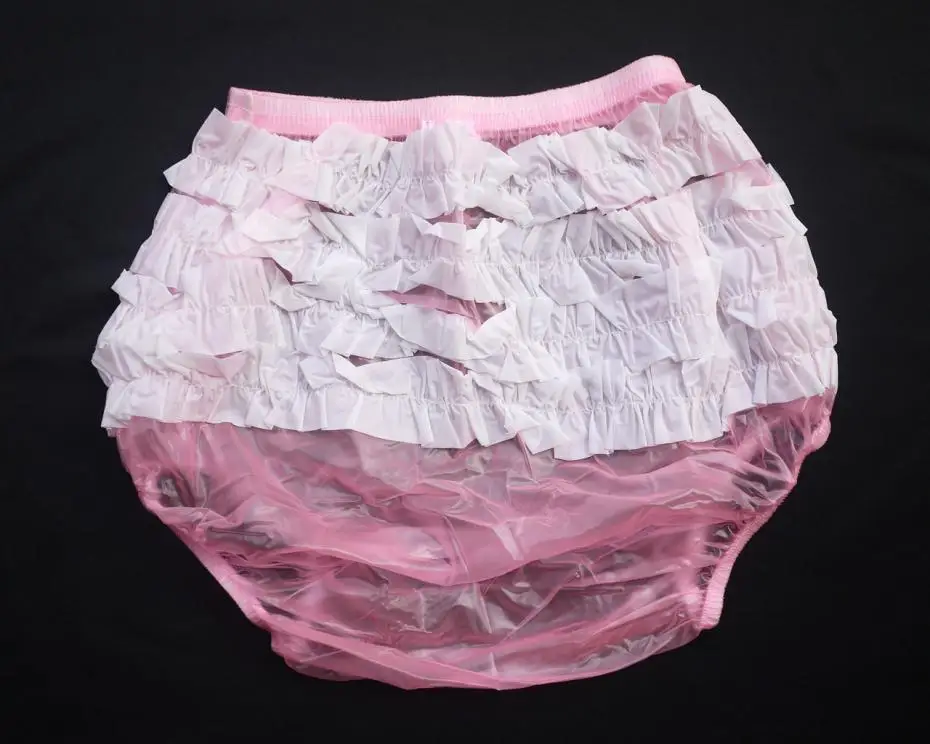 Pink plastic pants with ruffles on the bottom