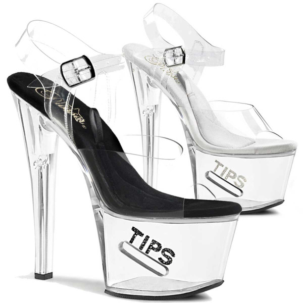 Clear plastic stripper heels with hollow soles and the word TIPS next to a coin slot.