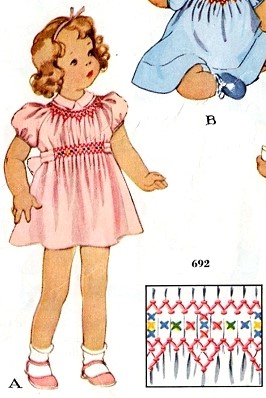 1930s sewing pattern showing a little girl in a pink smocked dress looking confused.